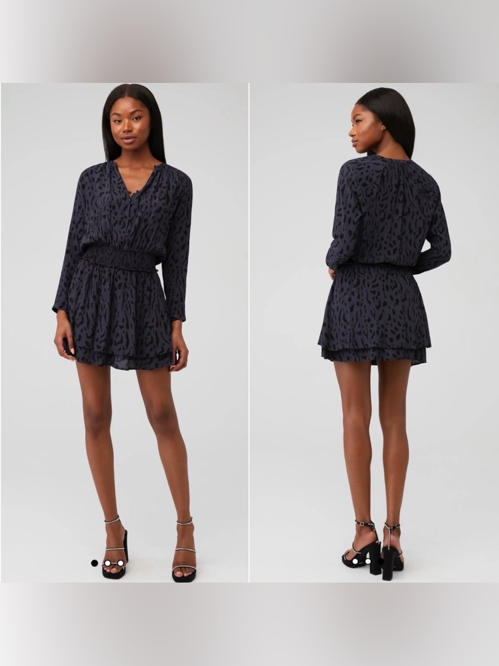 Rails Jasmine Ash Cheetah leopard print smocked long sleeve mini dress large